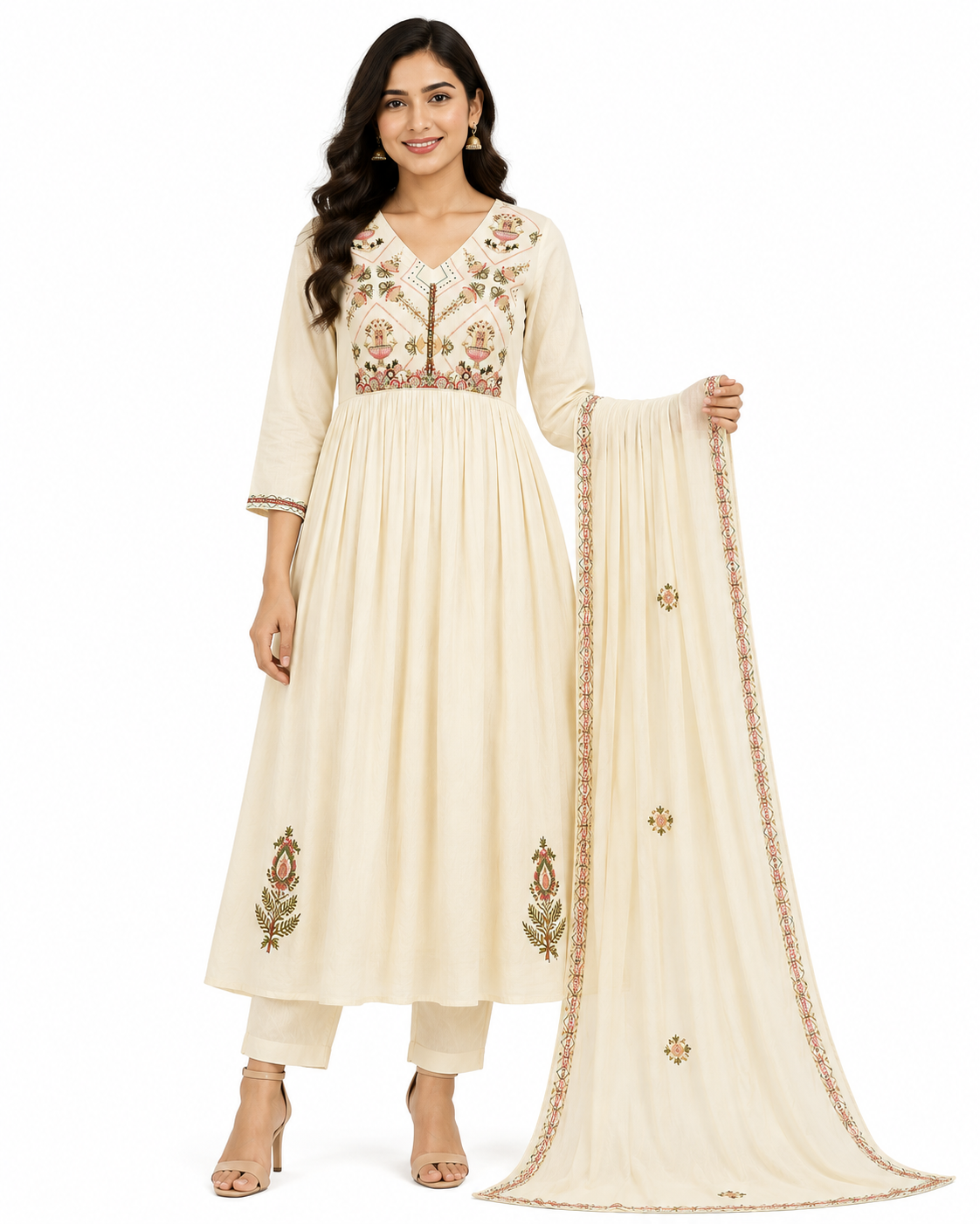 Ivory Anarkali Kurta Set with Floral Embroidery and Dupatta for Women
