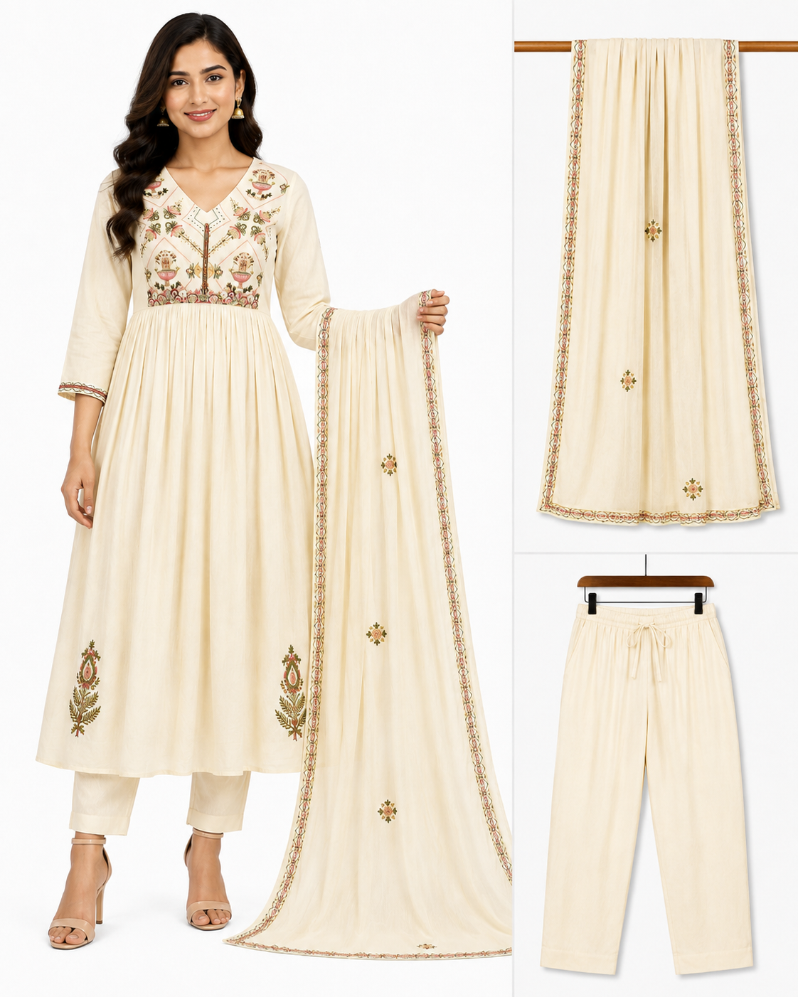Ivory Anarkali Kurta Set with Floral Embroidery and Dupatta for Women