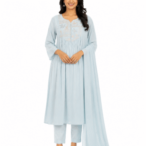 Sky Blue Kurta Set with Embroidered Yoke, Cotton Pants and Matching Dupatta for Women