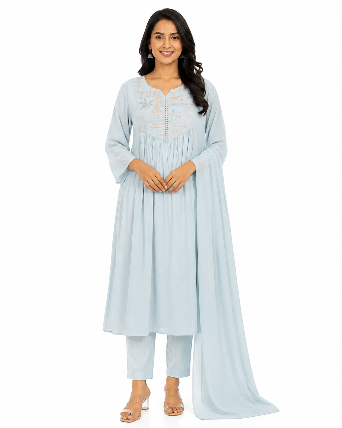 Sky Blue Kurta Set with Embroidered Yoke, Cotton Pants and Matching Dupatta for Women