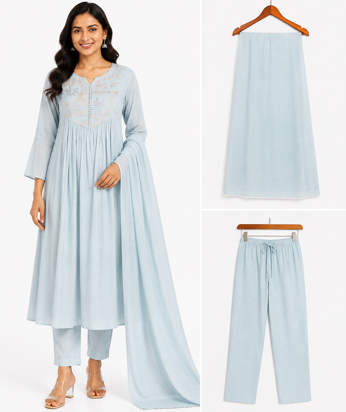 Sky Blue Kurta Set with Embroidered Yoke, Cotton Pants and Matching Dupatta for Women