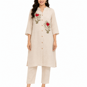 Beige Floral Embroidered Co-Ord Set