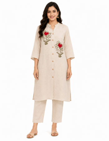 Elegant Beige Floral Embroidered 2 Piece Co-Ord Set