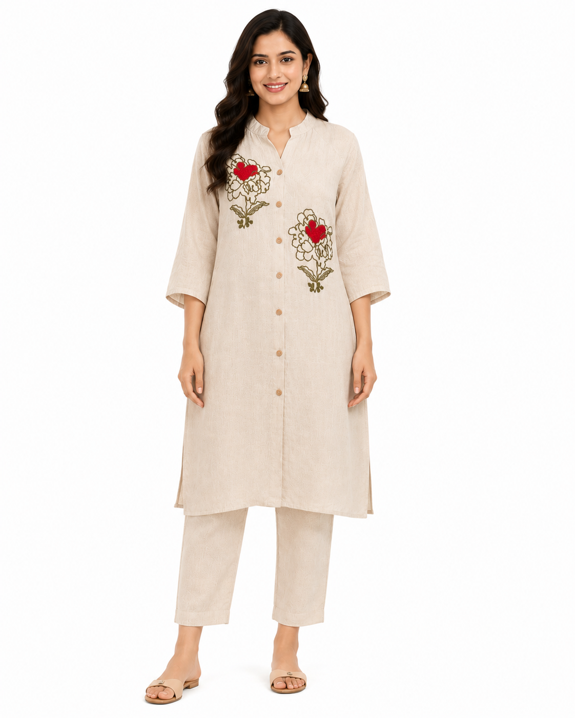 Beige Floral Embroidered Co-Ord Set