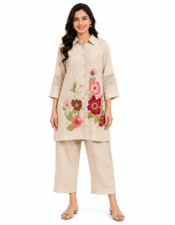 Elegant Beige Floral Embroidered 2 Piece Co-Ord Set