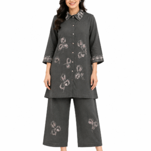 Women’s black cotton co-ord set with printed kurta and matching wide-leg pants