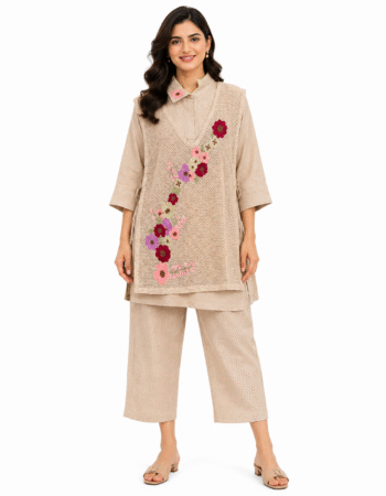 Elegant Floral Embroidered 3 Piece Co-Ord Set for Women