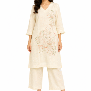 Women’s elegant floral print co-ord set with cream kurta and wide-leg pants