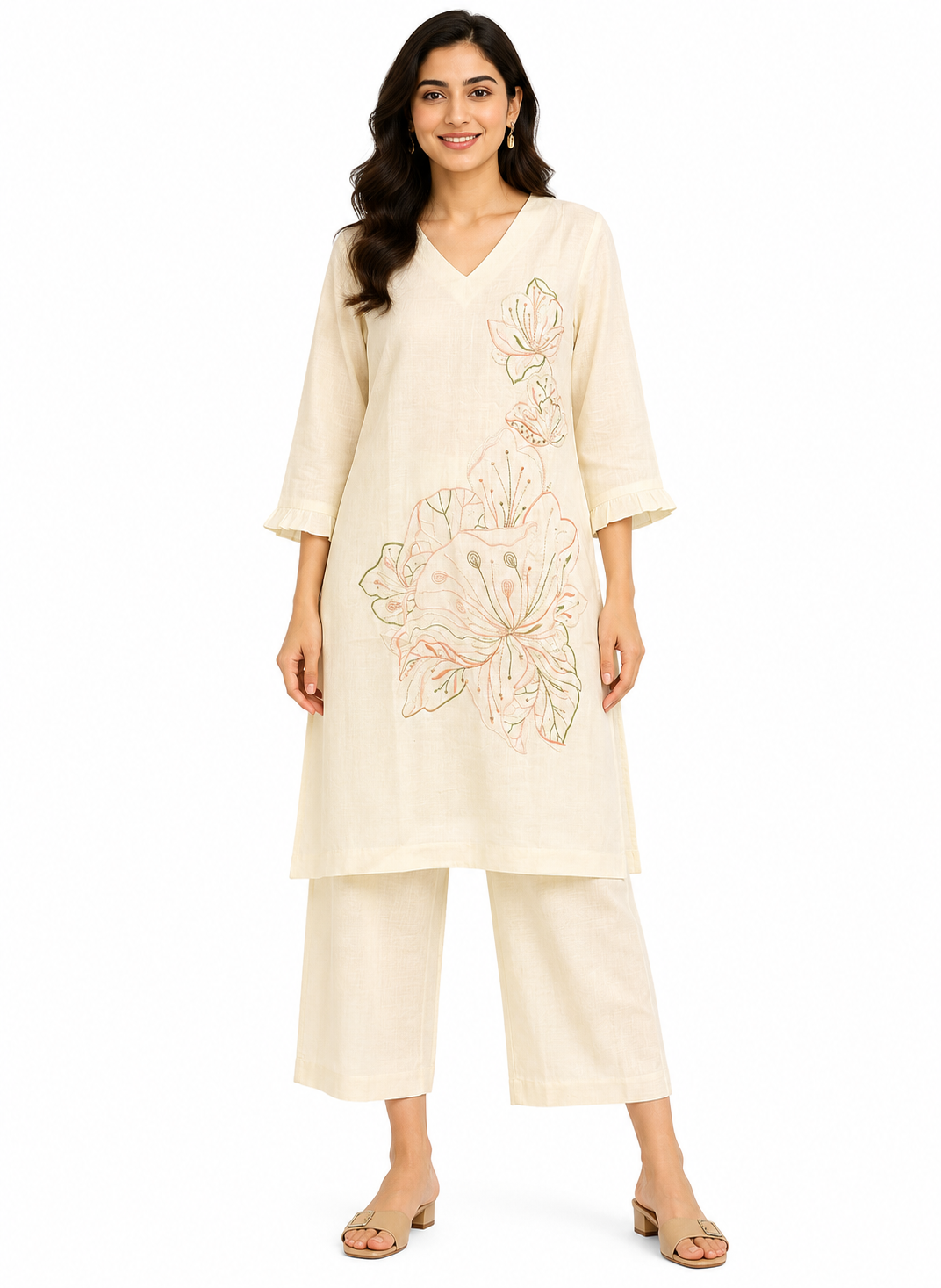 Women’s elegant floral print co-ord set with cream kurta and wide-leg pants