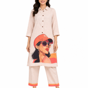 Women’s printed cotton co-ord set with button-front kurta and matching pants