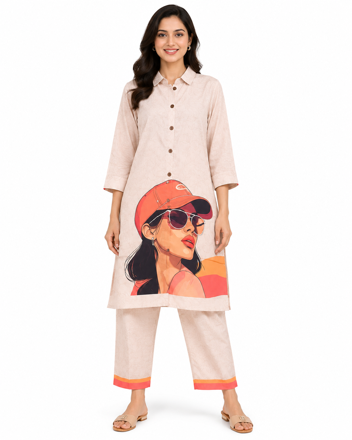 Women’s printed cotton co-ord set with button-front kurta and matching pants