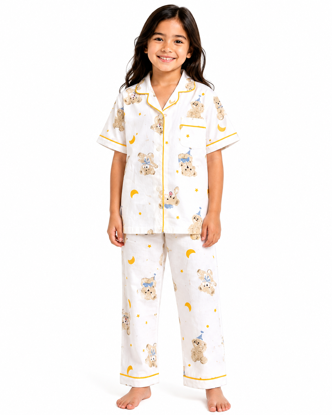 Unisex Kids Night Suit with Teddy Bear Print