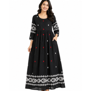 Black Floral Frock for Women with patterned sleeves and flared silhouette