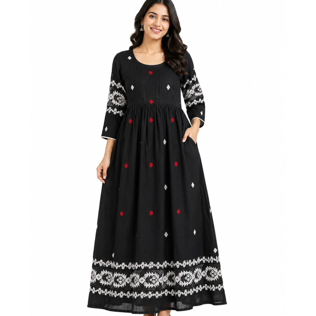 Black Floral Frock for Women with patterned sleeves and flared silhouette