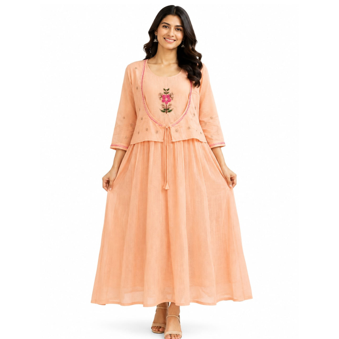 Peach cotton frock for women with floral detailing and flowy long silhouette