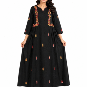 Black floral frock for women with colorful floral detailing and flared design