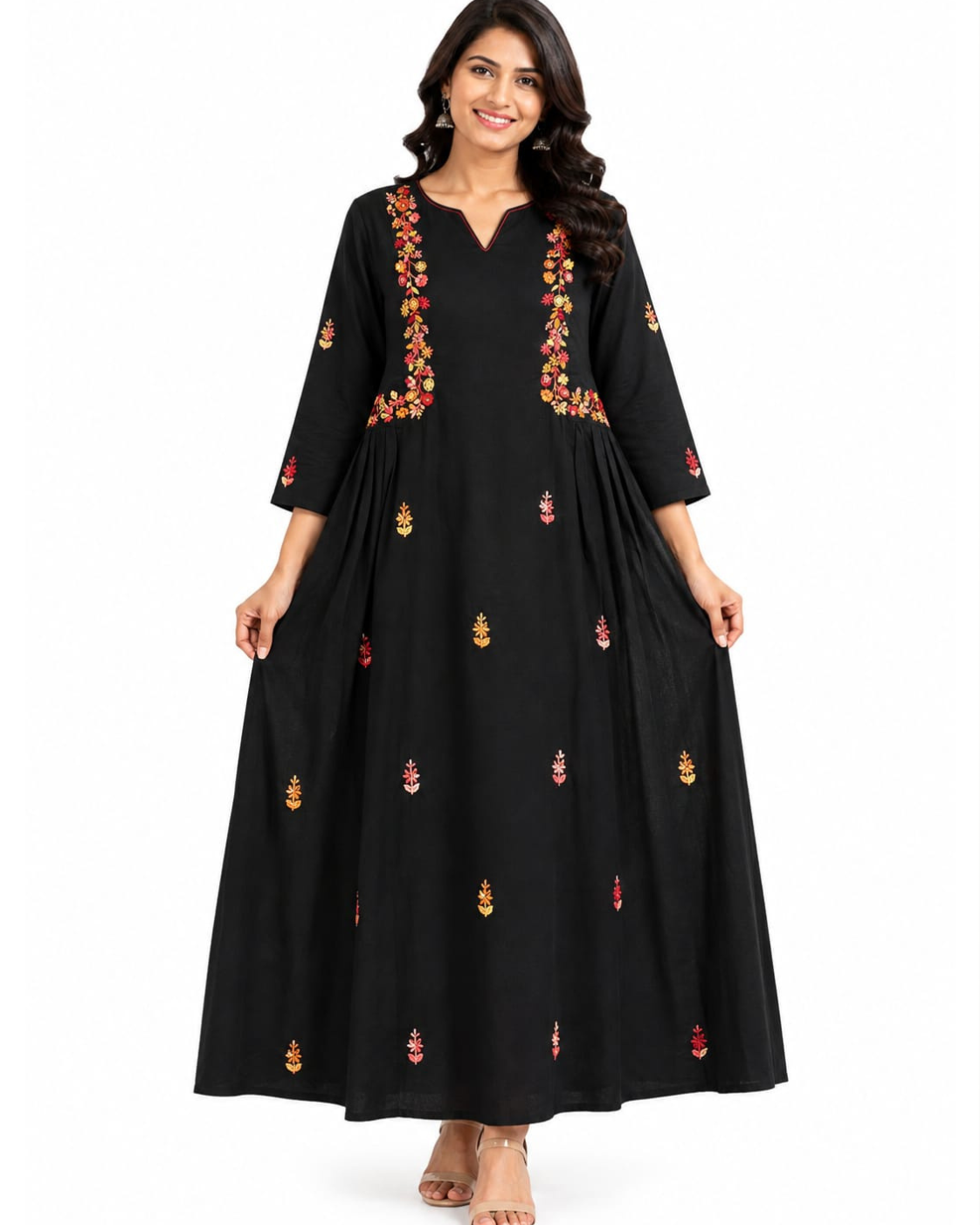 Black floral frock for women with colorful floral detailing and flared design