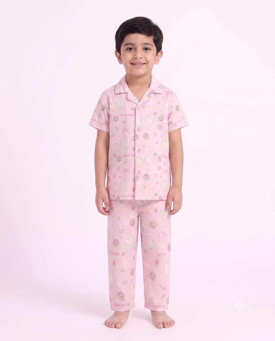 Unisex Kids Pink Bunny Printed Cotton Night Suit - Image 2