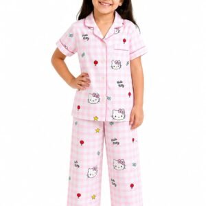 Unisex Kids Pink Kitty Printed Cotton Night Suit with short-sleeve button-down shirt and matching full-length cotton pajama pants.