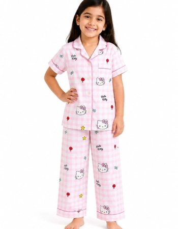 Unisex Kids Pink Cotton Night Suit