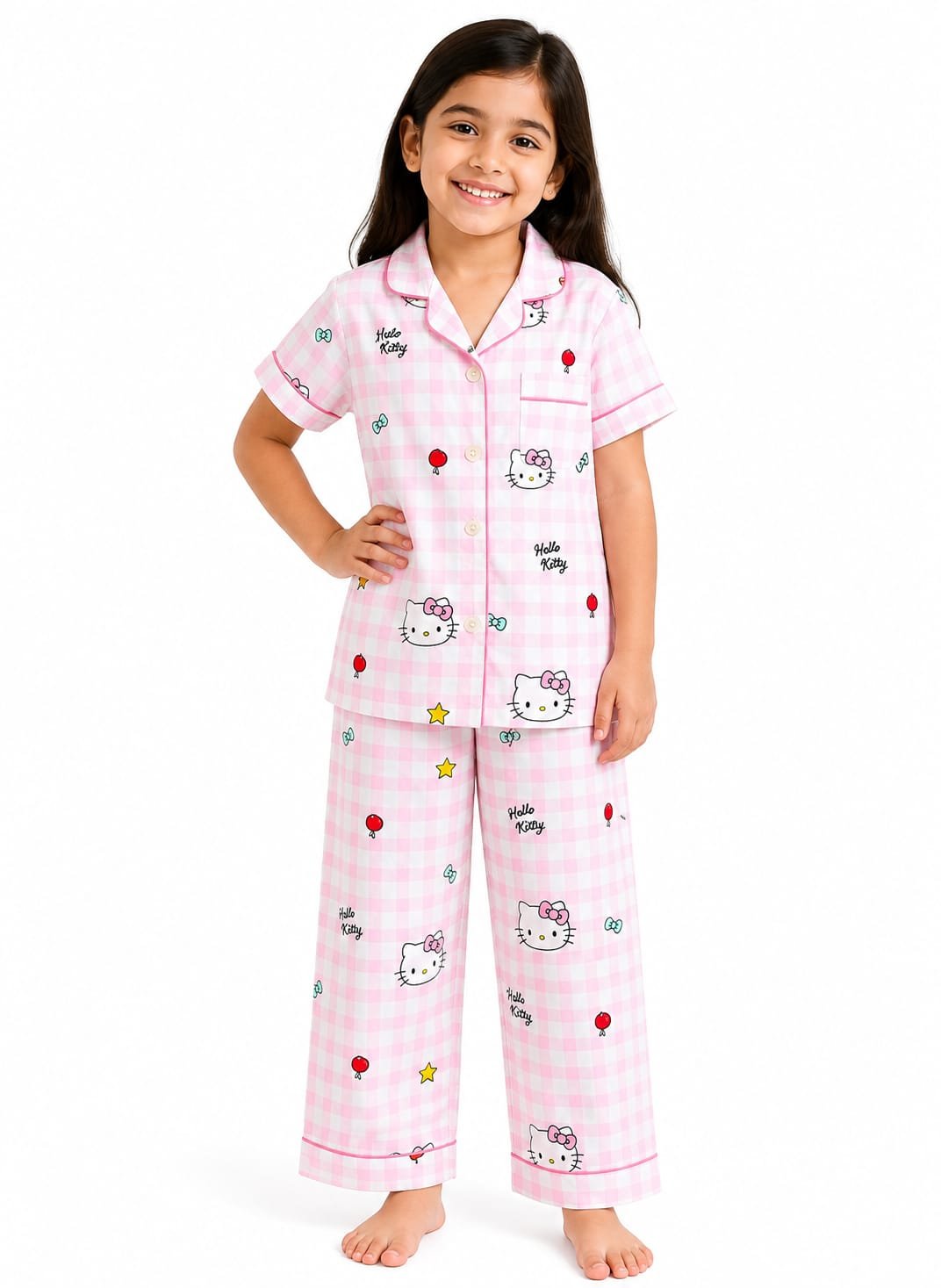 Unisex Kids Pink Kitty Printed Cotton Night Suit with short-sleeve button-down shirt and matching full-length cotton pajama pants.