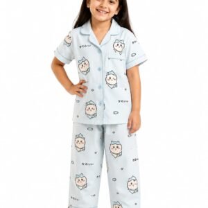Unisex printed night suit for kids with cute character design and matching pajama pants