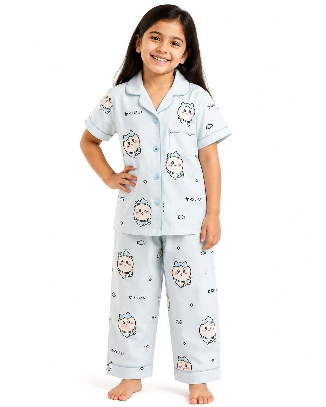 Unisex printed night suit for kids with cute character design and matching pajama pants