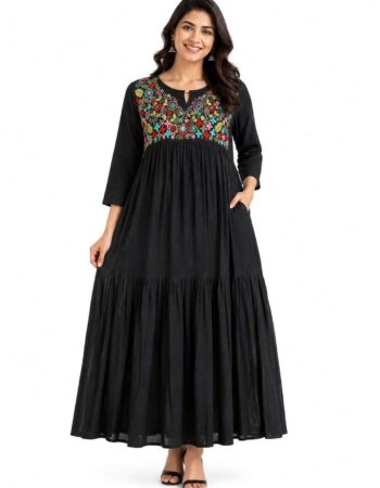 Women’s Black Embroidered Cotton Frock