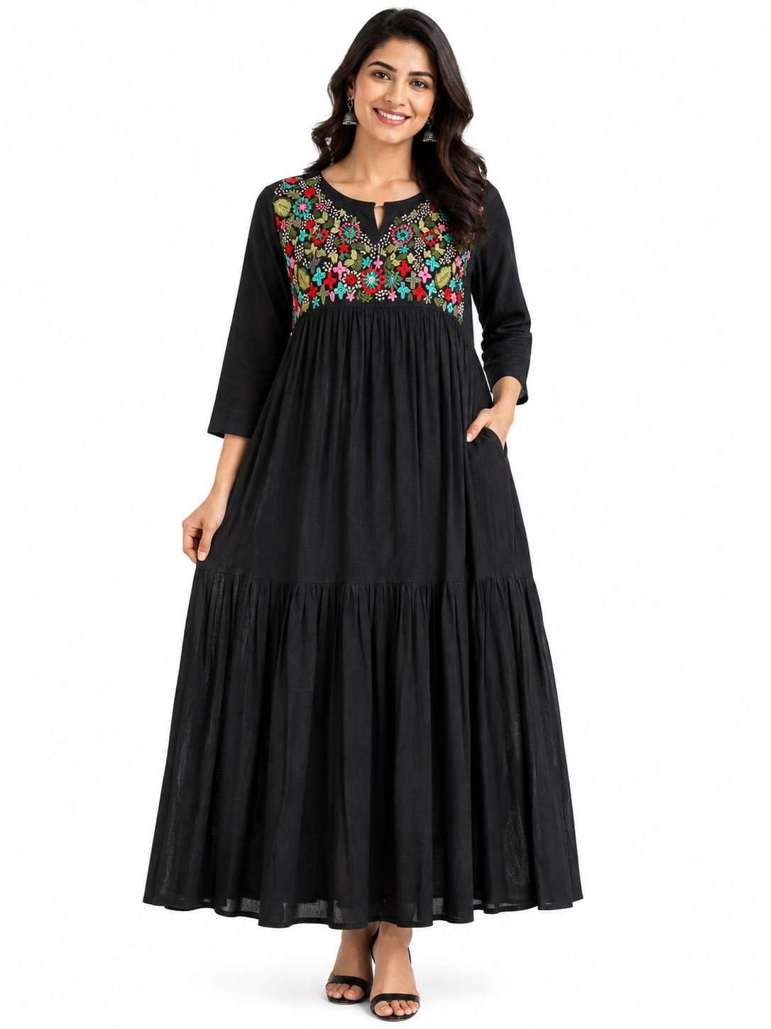 Women's Black Embroidered Cotton Frock