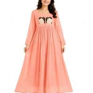 Women Peach Embroidered Cotton Maxi Frock with Floral Yoke and Full Sleeves