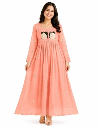 Women Peach Embroidered Cotton Maxi Frock