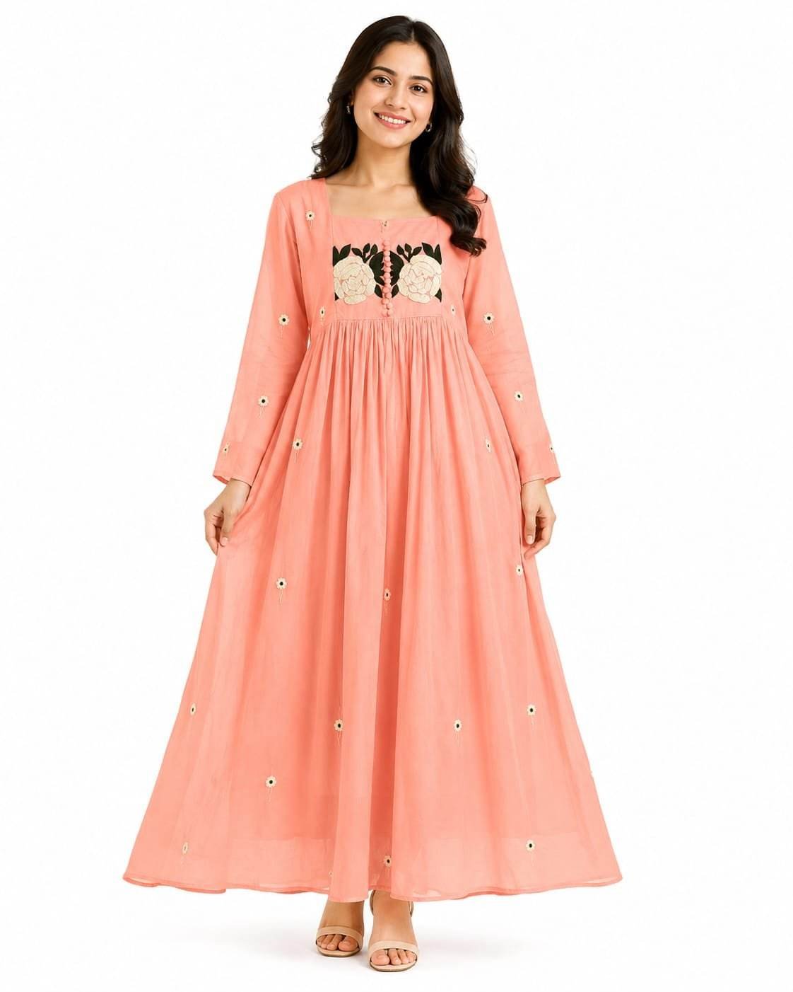 Women Peach Embroidered Cotton Maxi Frock with Floral Yoke and Full Sleeves
