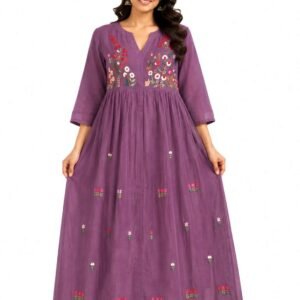 Purple floral frock for women with V-neck and three-quarter sleeves