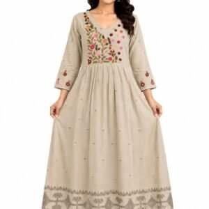 Beige floral frock for women with V-neck, floral detailing and flared silhouette