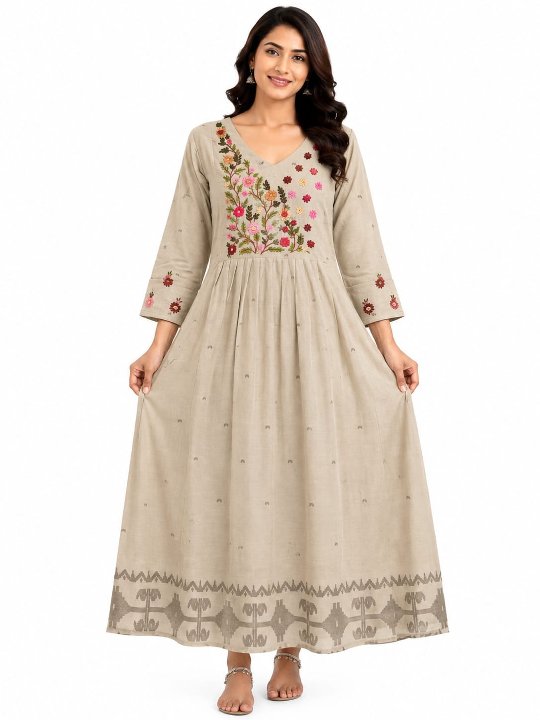 Beige floral frock for women with V-neck, floral detailing and flared silhouette