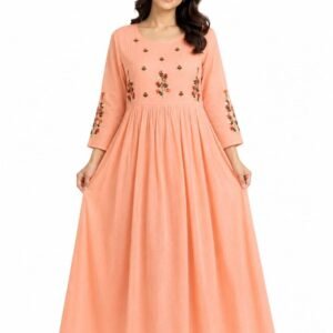 Shop Peach Floral Frock for Women with delicate floral detailing, 3/4 sleeves and a flowy long silhouette. Perfect for festive and casual occasions.
