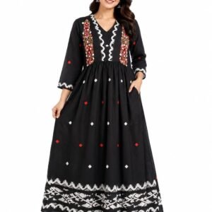 Black embroidered cotton maxi frock for women with floral embroidered yoke and flared design.