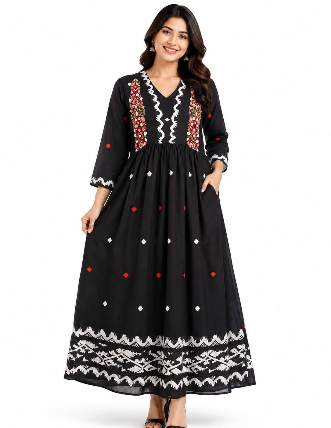 Black embroidered cotton maxi frock for women with floral embroidered yoke and flared design.