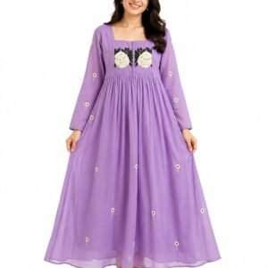 Purple floral frock for women with square neckline and flowy flared design