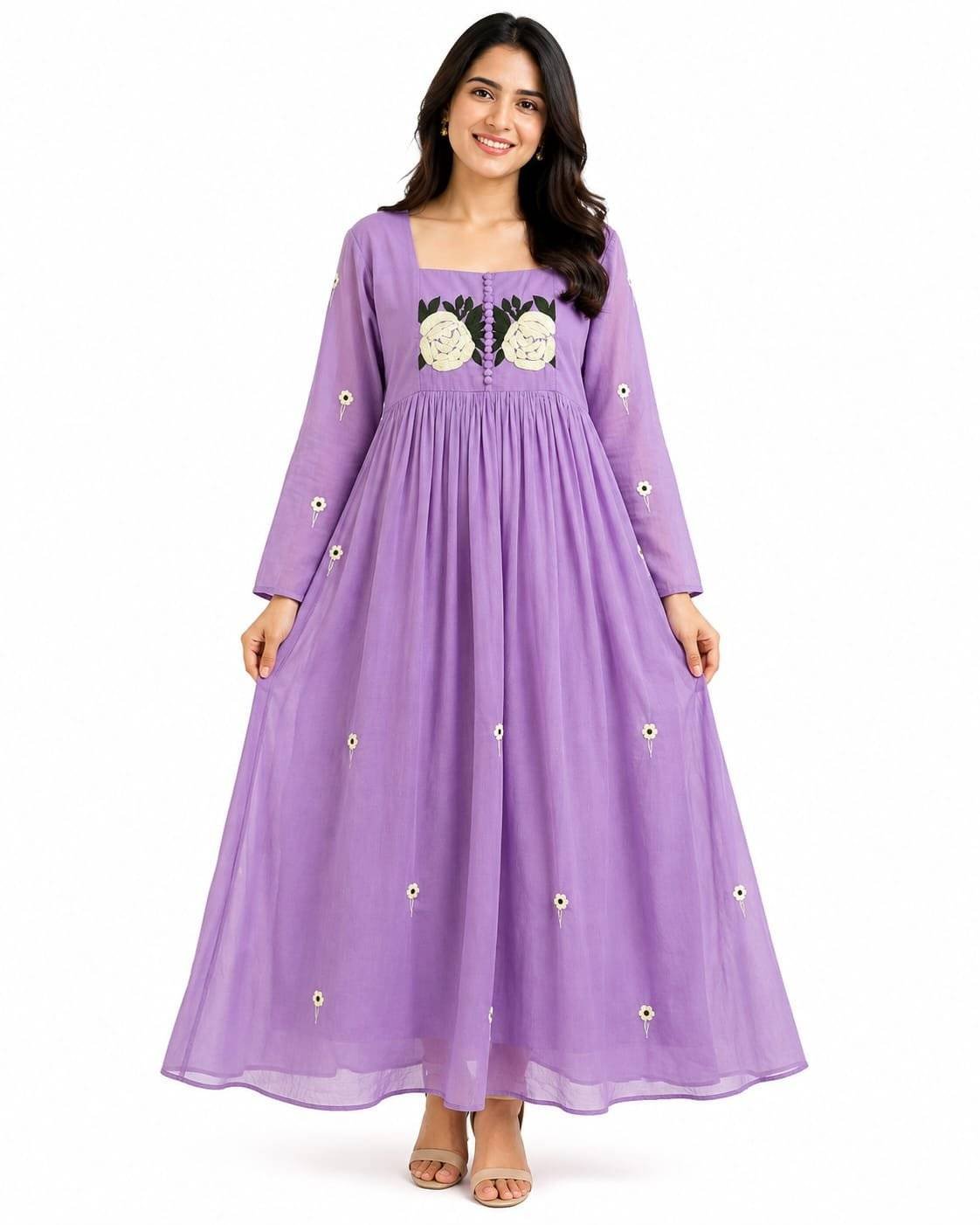 Purple floral frock for women with square neckline and flowy flared design