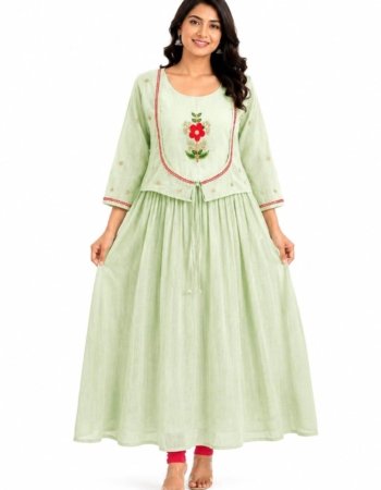 Light Green Cotton Embroidered A-Line Frock