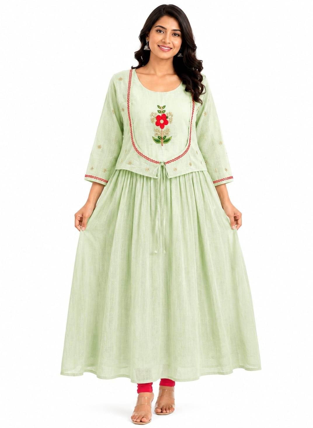 Light Green Cotton Embroidered Frock